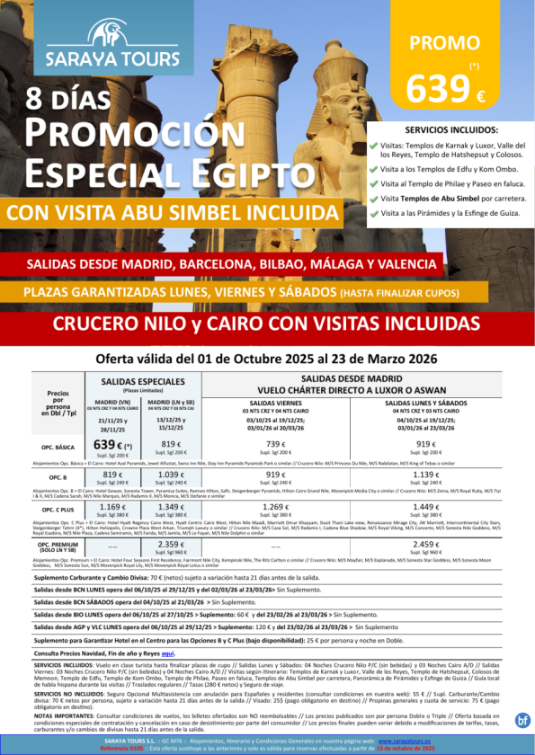 Promo Egipto con Abu Simbel 8días. *Salidas Mad, Bcn, Bio, Agp & Vlc* Crucero y Cairo desde 599 € 