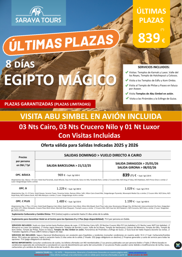 Últimas Plazas Egipto Mágico con Abu Simbel en avión Incluido. Consultar fechas.