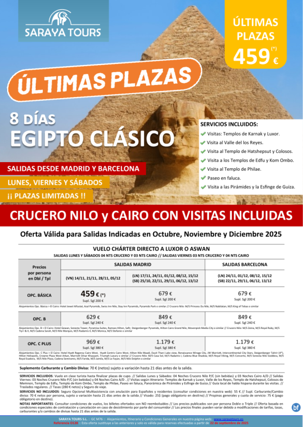 Últimas Plazas! Egipto Clásico 8d. dsd 459 € Vuelo directo, Crucero Nilo y Cairo con Visitas Plazas limitadas