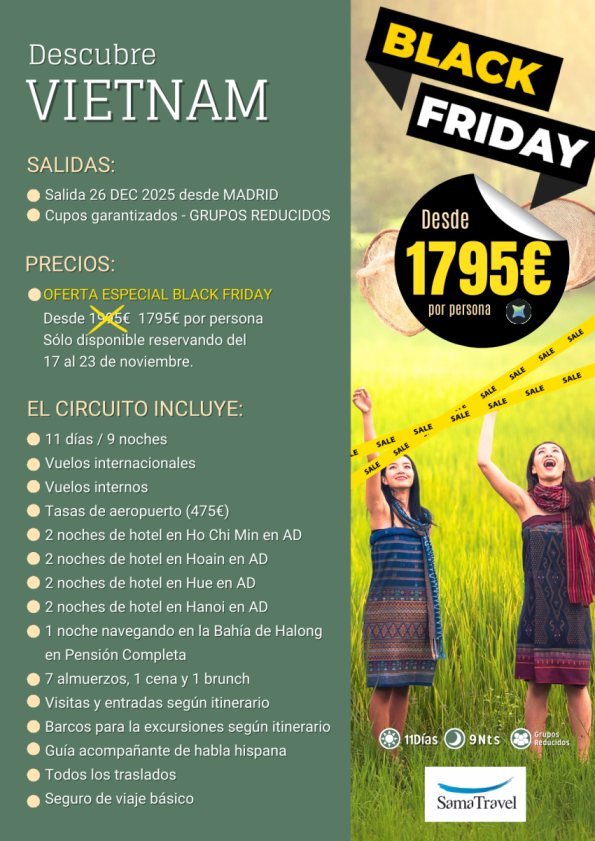 Black Friday Vietnam: 200 € de DESCUENTO circuito 11 días(26dec)[cupos garantizados]reseservas del 17 al 23 NOV