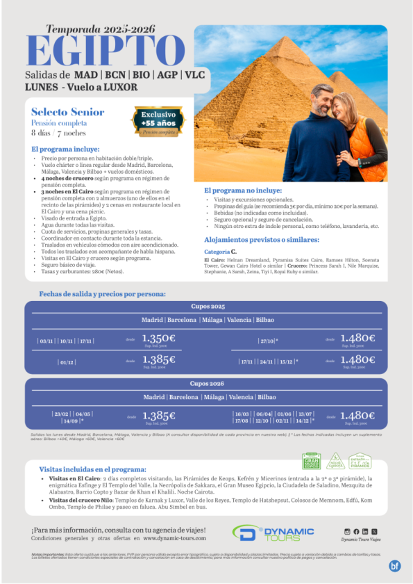 EGIPTO?Selecto Senior??Pensión completa?(Agua + visado + cuotas + tasas + asistencia 24h incl.)?dsd 1.370 € 