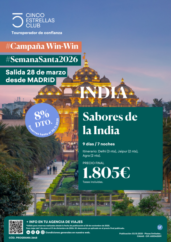 Win-Win 8%dto hsta30.11-Semana Santa Sabores de la India 9ds/7ns  PVP 1.805 € sal 28 marzo dsd Madrid