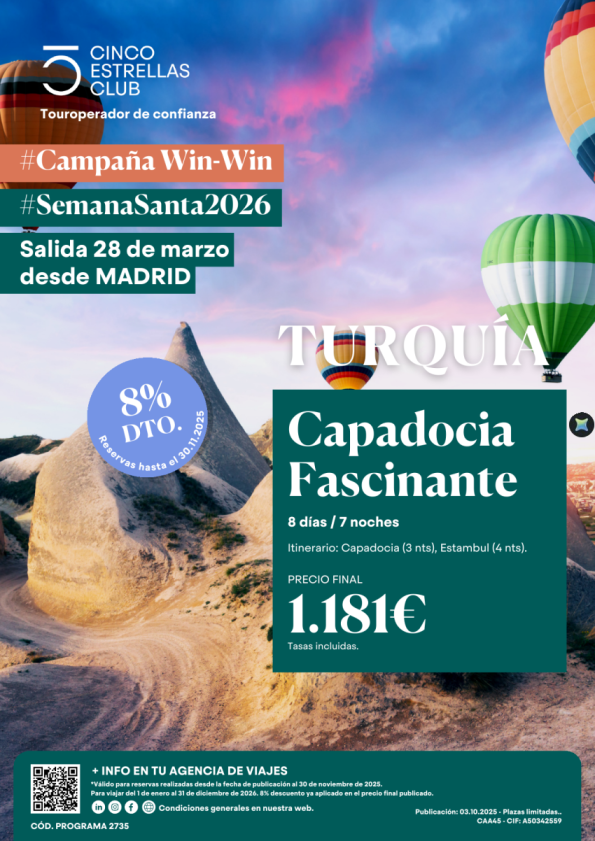 WinWin 8%dto hsta 30.11. Semana Santa Capadocia Fascinante dsd 1.181 € 8d/7n salida 28  de marzo  dsd Madrid