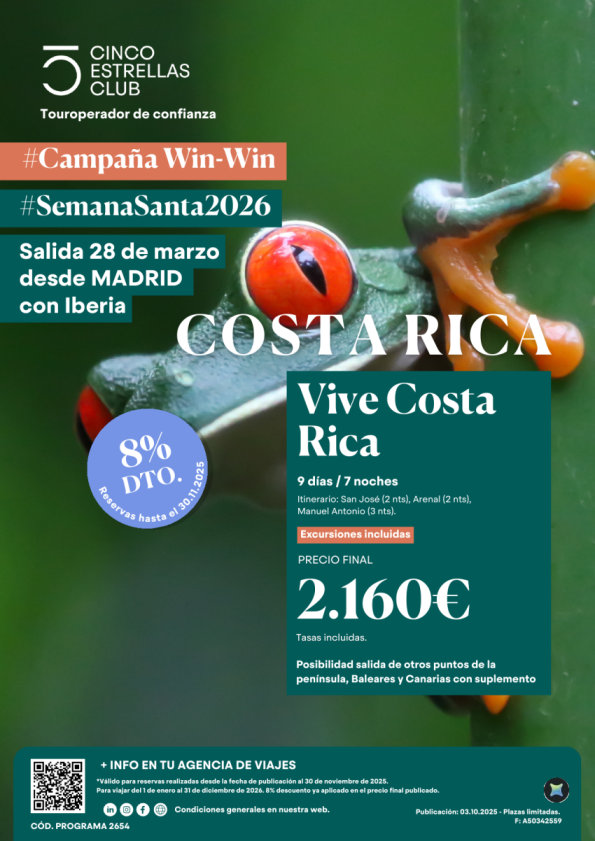 Camp.WinWin 8%dto hsta 30.11 Cupos|S. Sta Vive Costa Rica 9ds/7ns PVP 2.160 € sal. 28.03 dsd Mad y otro aerpto