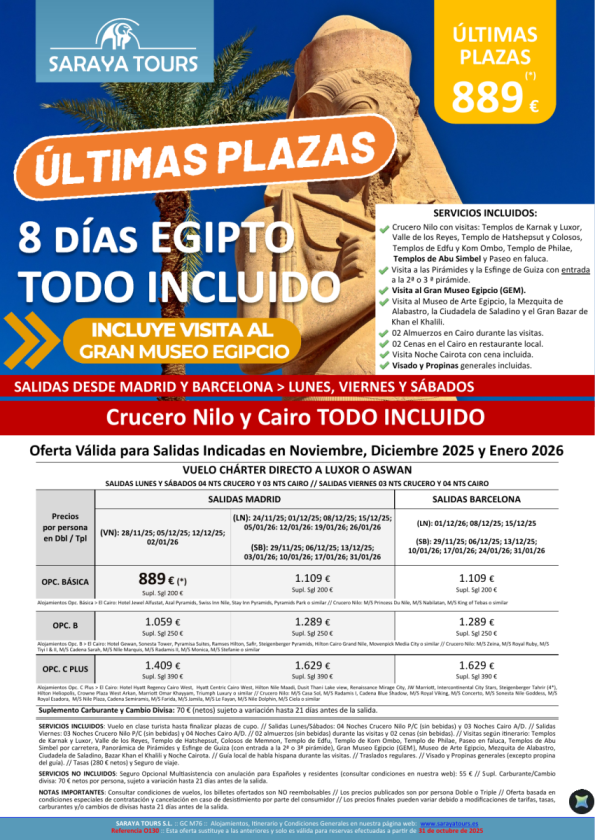 Últimas Plazas Egipto Todo Incluido dsd 889 € con Visitas Incluidas! Salidas Nov, Dic 25 y Ene26 dsd Mad & Bcn