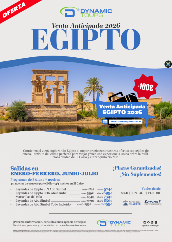 EGIPTO?Venta Anticipada 2026 € ?100? de DTO. ?Salidas ?  enero-febrero, junio-julio