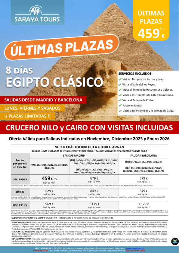 Últimas Plazas! Egipto Clásico 8d. dsd 459 € Vuelo directo, Crucero Nilo y Cairo con Visitas Plazas limitadas