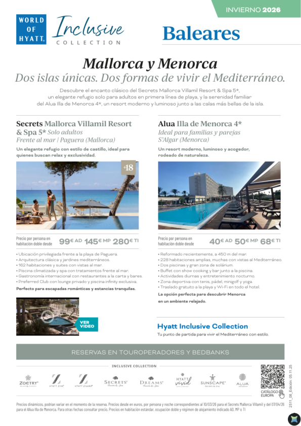Mallorca  y Menorca: la mejor primavera se vive con Secrets y Alua de Hyatt Inclusive Collection