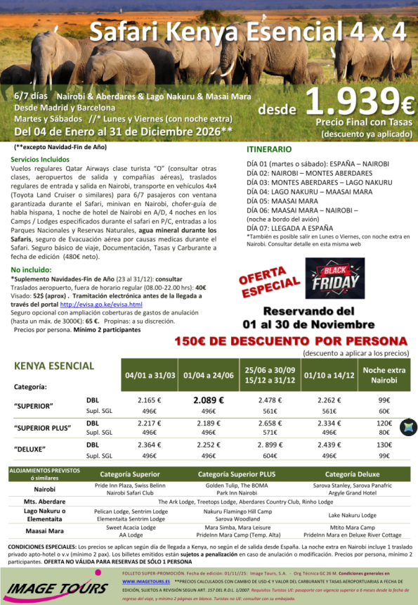 Kenya Esencial* BLACK FRIDAY* Aberdares & lago nakuru & Masai mara, 150 € de descuento, 7d desde 1.939 € 