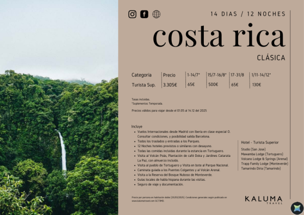 Costa Rica Clásica 12 noches - Salidas Diarias hasta Diciembre desde 3.435 € 