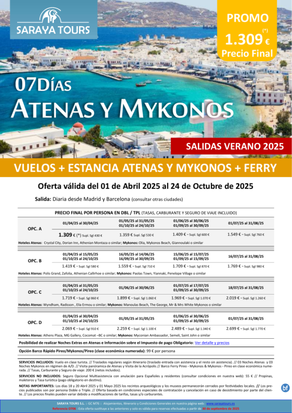 Promo Islas! Atenas y Mykonos 7 días: Vuelo, Hotel, Traslados y Visita Atenas Incluida hasta Oct 26