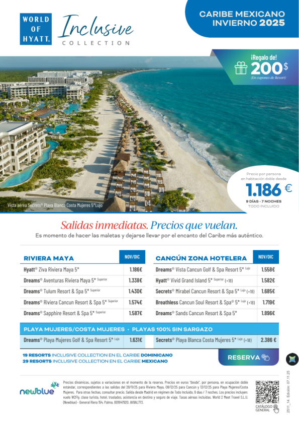 Salidas inmediatas. Playa Mujeres + Riv. Maya + Cancún. Desde 1.186 € 