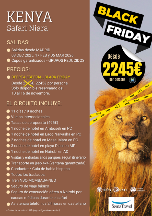 Black Friday: Kenya Safari Niara+Playa: 150 € de DESCUENTO!! circuito 11 días sólo reservas del 10 al 16 nov
