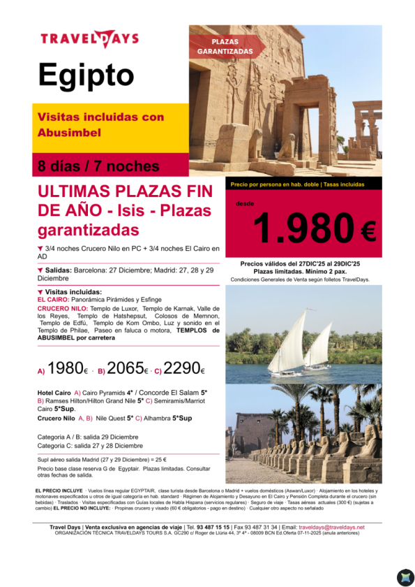 Últimas plazas Fin de Año Egipto - Salidas: 27, 28 y 29 de Diciembre - Precio desde 1.980 € 
