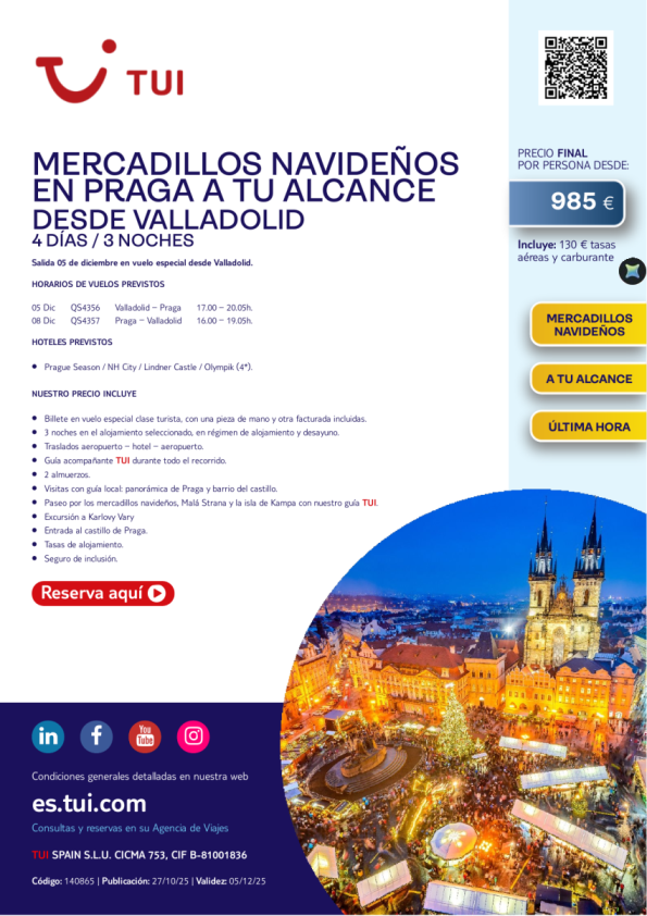 Mercadillos Navideños en Praga. 4 d / 3 n. Salida 05 DIC desde VLL desde 985 € 