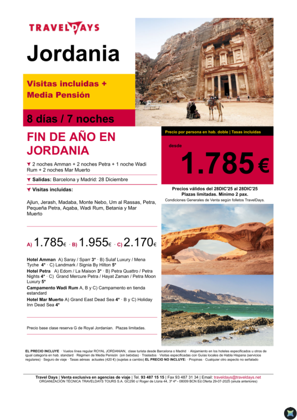 Ultimas plazas Fin de Año en Jordania - 8 días desde BCN 28 diciembre  a partir de 1.785 € 