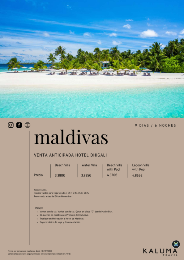 Asombrosa Maldivas Hotel Dhigali 6 noches Todo Incluido - \