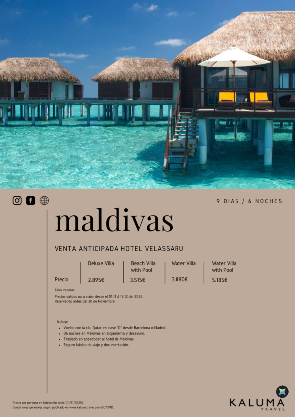 Asombrosa Maldivas Hotel Velassaru 6 noches - \