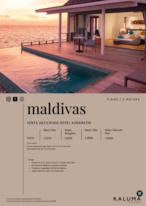 Asombrosa Maldivas Hotel Kuramathi 6 noches PC - \