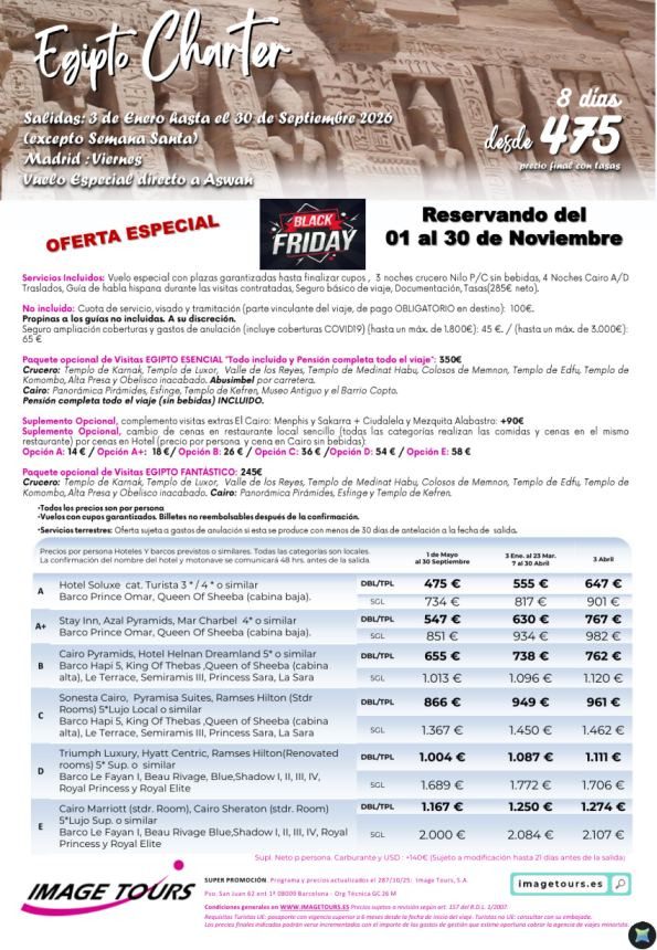 Egipto Charter (salida viernes) BLACK FRIDAY hasta septiembre 2026 ¡8 días con plazas garantizadas! desde 475 € 