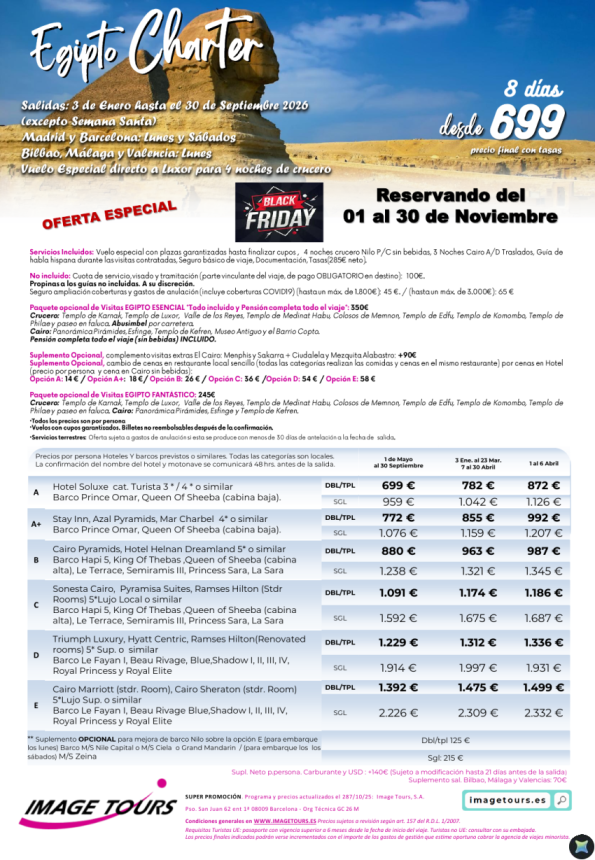 Egipto Charter (salida lunes/sábado) BLACK FRIDAY hasta sept 2026 ¡8 días con plazas garantizadas! desde 699 € 