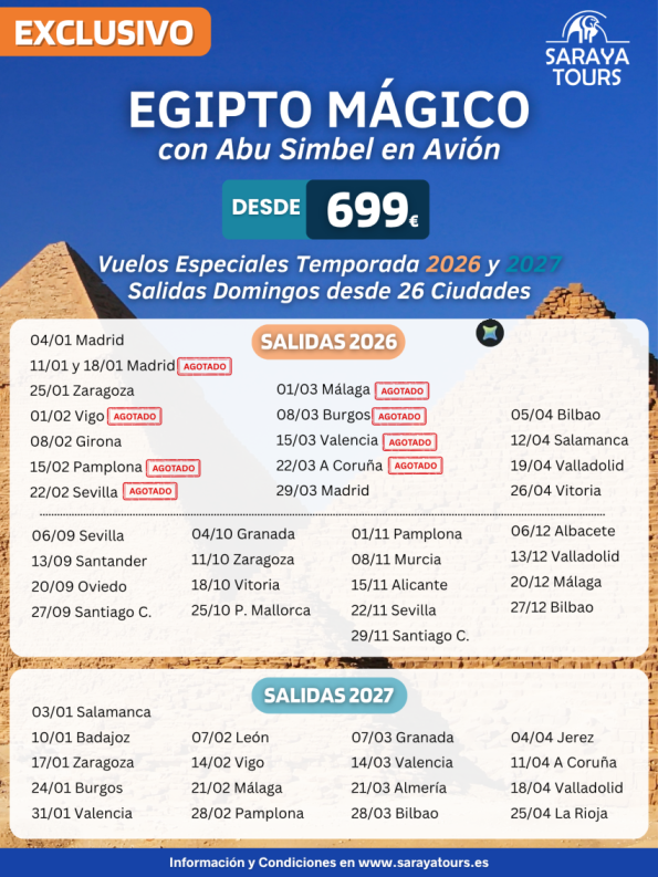 Especial Egipto Mágico con Abu Simbel en Avión desde 699 € 