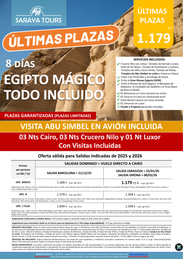 Últimas Plazas Egipto Mágico Todo Incluido con Abu Simbel en avión Incluido. Consultar fechas.