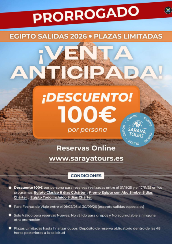 ¡¡AMPLIACIÓN Venta Anticipada Egipto!! Descuento 100 € 