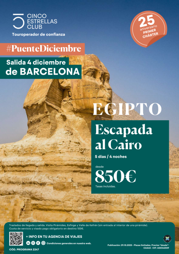 Pte Diciembre Egipto - Escapada Al Cairo 5ds/4ns dsd 850 € sal04 Dic dsd Barcelona. Precios más bajos.