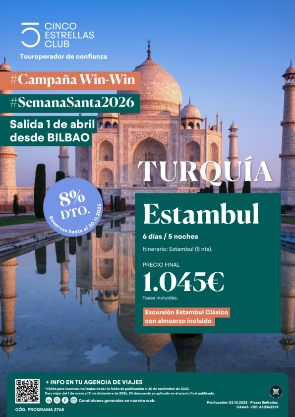 WinWin 8%dto. Sal. espec. Semana Santa Estambul 6ds/5ns Pvp 1.045 Excu. incluida sal. 01 de abril dsd Bilbao