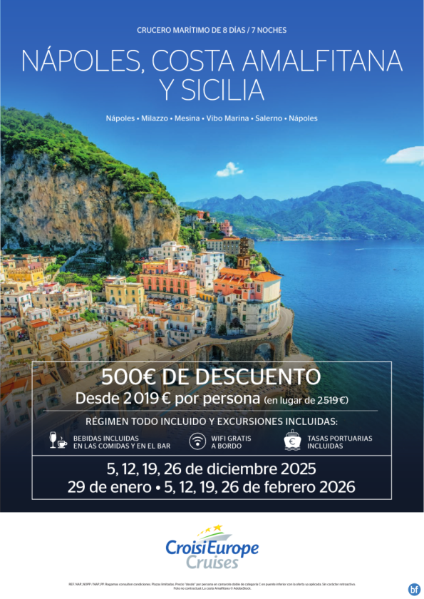 Hasta 500 € DESCUENTO - crucero Nápoles, costa Amalfitana y Sicilia - 8 días - Todo Incluido - 2025-2026