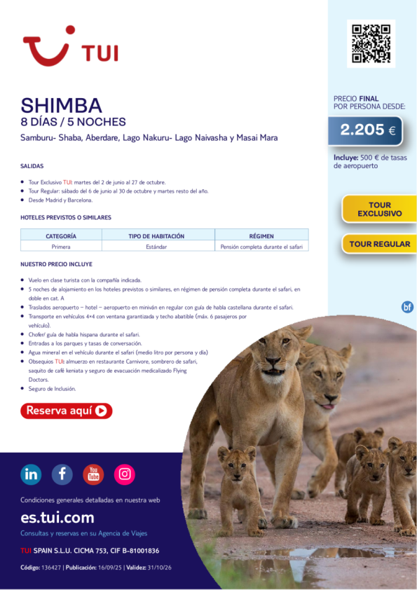 Kenia. Shimba. 8 días / 5 noches. Tour Exclusivo / Tour Regular. Salidas desde MAD y BCN desde 2.205 € 