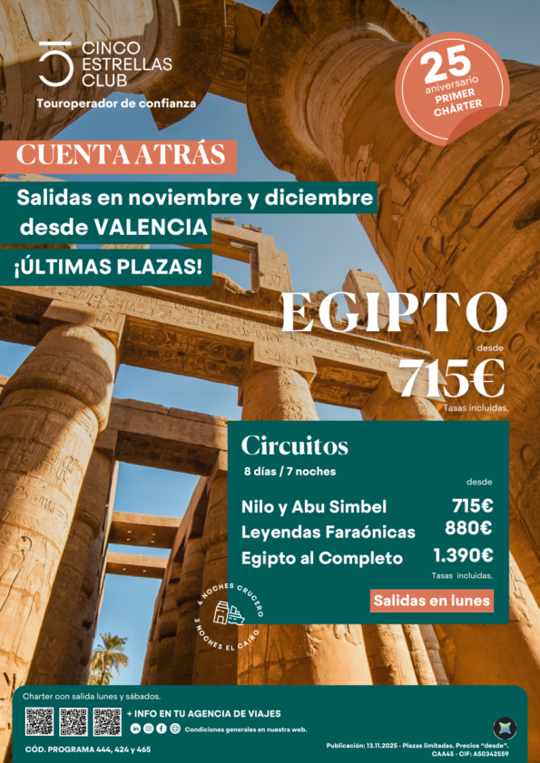 Últimas Plazas Egipto salidas lunes 8ds/7ns desde 715 € salida noviembre y dicembre  desde Valencia