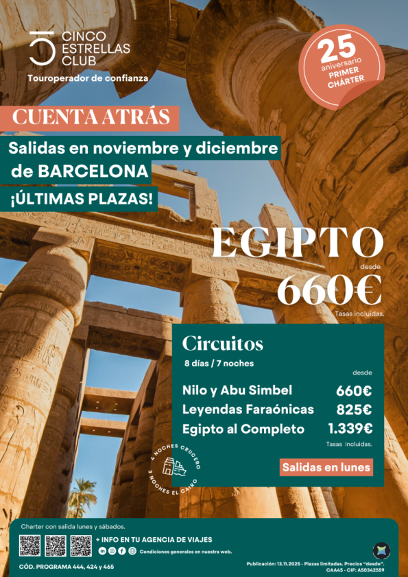 Últimas Plazas Egipto 8ds/7ns desde 660 € salidas lunes  noviembre y dicembre  desde Barcelona