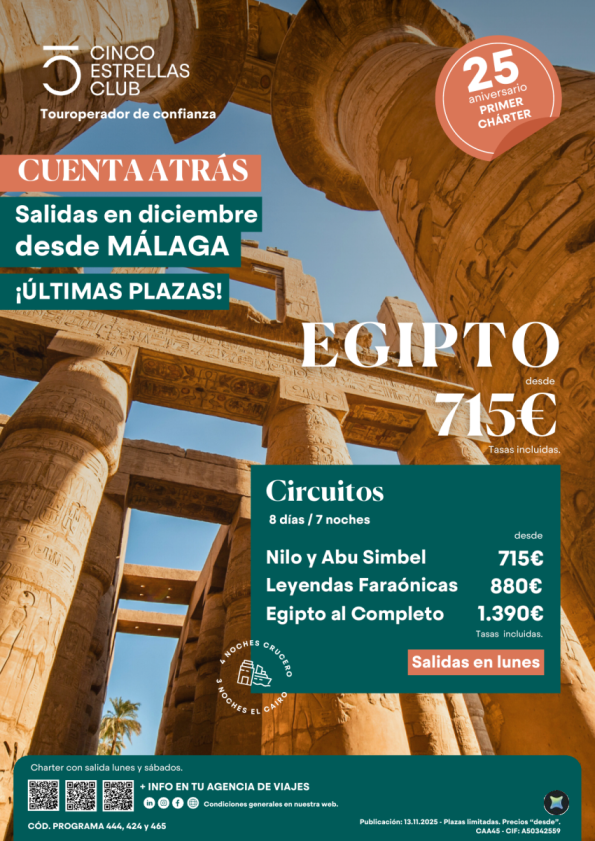 Últimas plazas Egipto salidas diciembre (excepto salidas Navidad) 8ds/7ns desde 715 € desde MÁLAGA