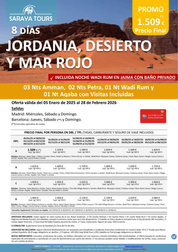 Jordania, Desierto y Mar Rojo 8 días: Amman, Petra, Wadi Rum, Aqaba con Visitas hasta Feb 27