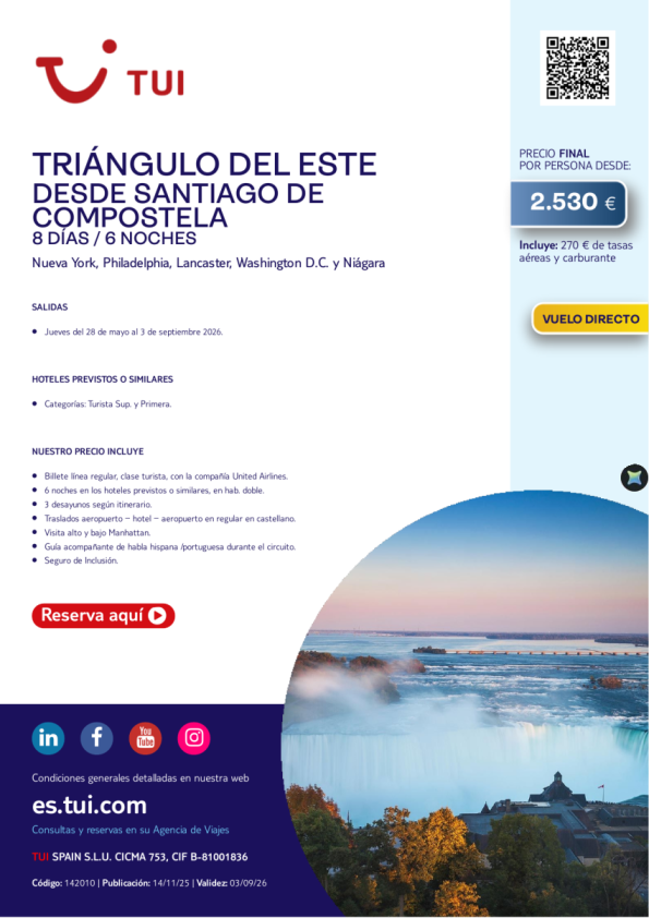 EEUU. Triángulo del Este. 8 días / 6 noches. Desde SCQ en vuelo directo desde 2.530 € 