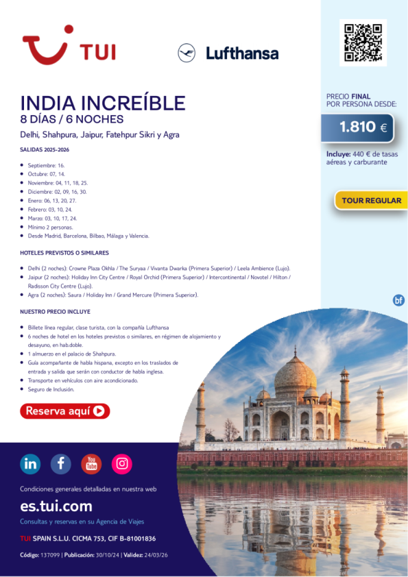 India Increíble. 8 días / 6 noches. Vuelos con LH. Tour Regular. Desde 1.810 € 