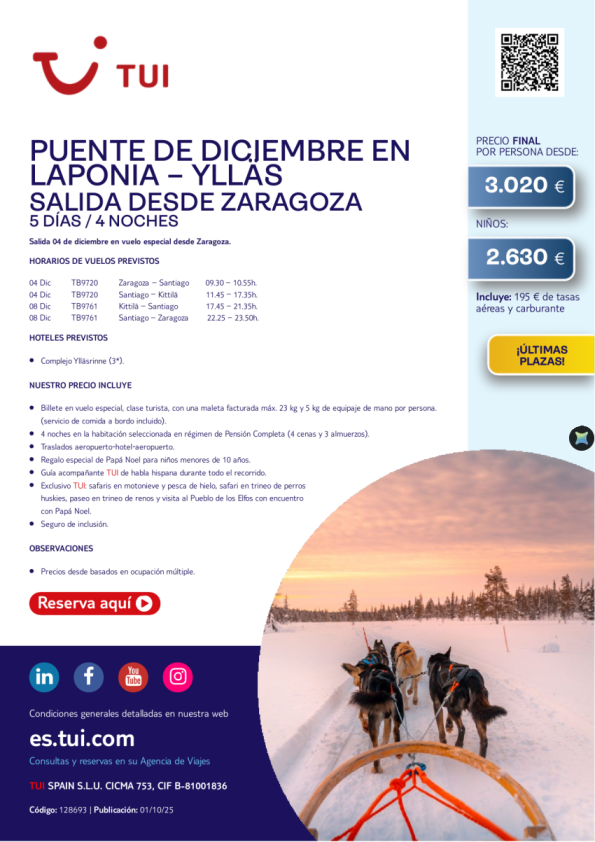 Laponia. Puente de diciembre en Ylläs. 5 días / 4 noches. Salida 04 DIC desde ZAZ desde 3.020 € 