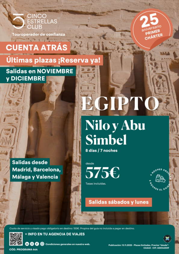 Últimas Plazas Egipto salidas lunes 8ds/7ns desde 575 € salida noviembre y dicembre desde MAd,Bcn,Vlc,Agp