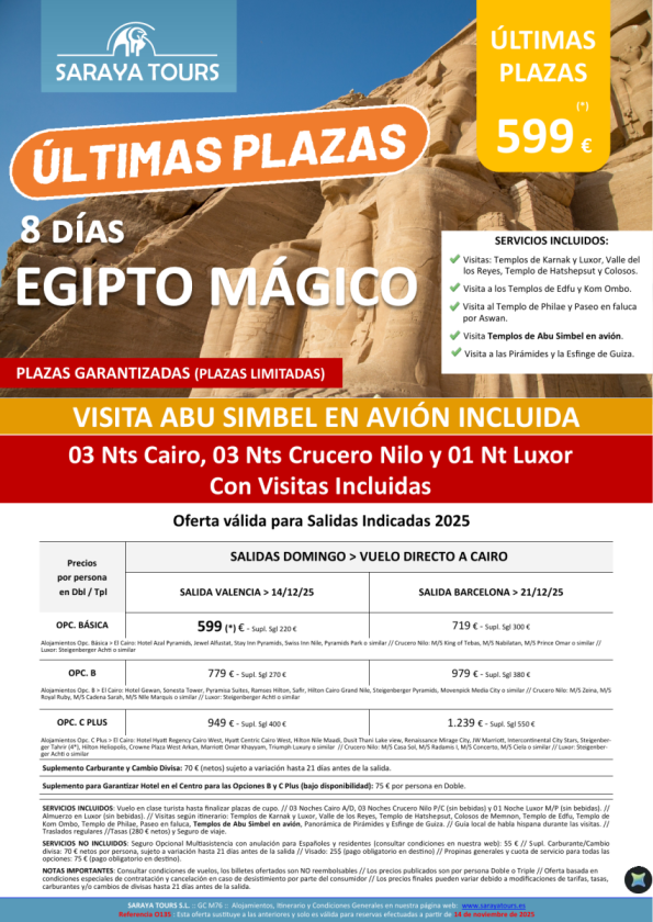Últimas Plazas Egipto Mágico con Abu Simbel en avión Incluido desde Vlc & Bcn. Consultar fechas.