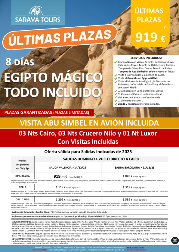 Últimas Plazas Egipto Mágico Todo Incluido con Abu Simbel en avión desde Vlc & BCN. Consultar fechas.