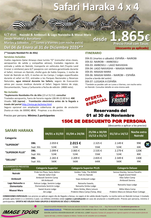Kenya* BLACK FRIDAY* Safari Haraka, Amboseli & lago naivasha & masai mara, 150 € de descuento, 7d desde 1.865 € 