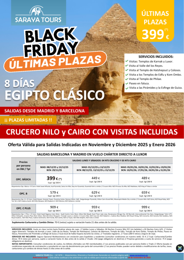 Últimas Plazas Especial Black Friday Egipto Clásico 8 días. Vuelo directo. Crucero y Cairo con visitas.