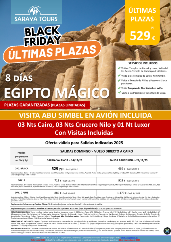 Últimas Plazas Egipto Mágico con Abu Simbel en avión 8días. Salidas VLC & BCN. Desde 529 € 