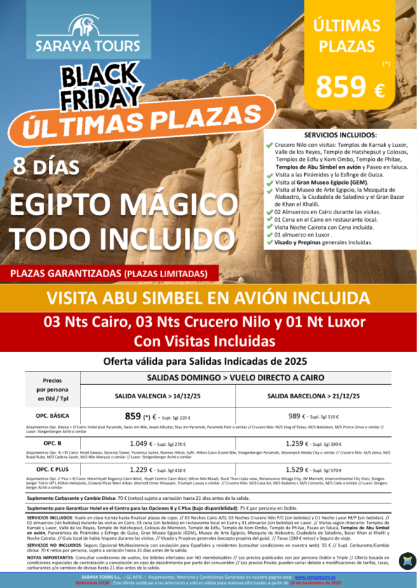 Últimas Plazas Egipto Mágico Todo Incluido con Abu Simbel en avión 8 días. Salidas VLC & BCN. Desde 859 € 