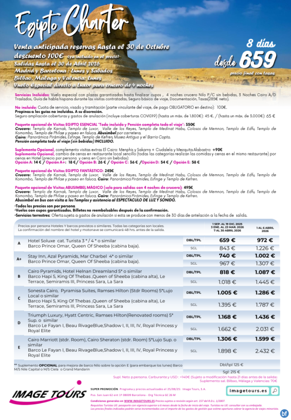 Egipto Charter hasta abril 2026 ¡8 días con plazas garantizadas! Venta Anticipada desde 659 € 