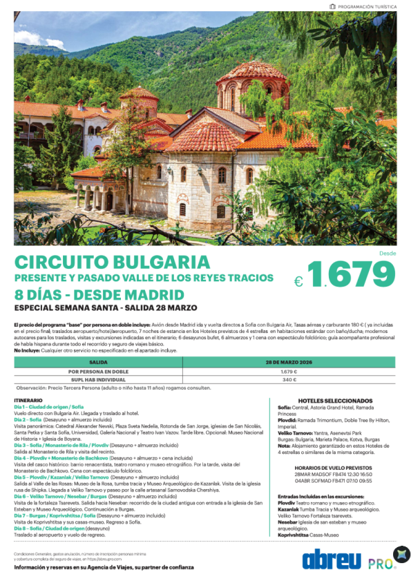 Novedad Semana Santa  Circuito Bulgaria 8 días desde Madrid salida 28 Marzo