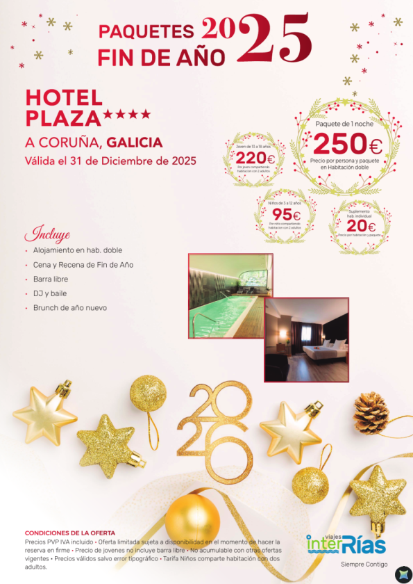 Paquete Fin de Año Hotel Plaza 4* - A Coruña (Galicia)