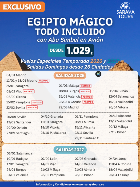 Especial Egipto Mágico Todo Incluido con Abu Simbel en Avión dsde 1.029 € . Salidas domingos. Salidas 2026-2027.